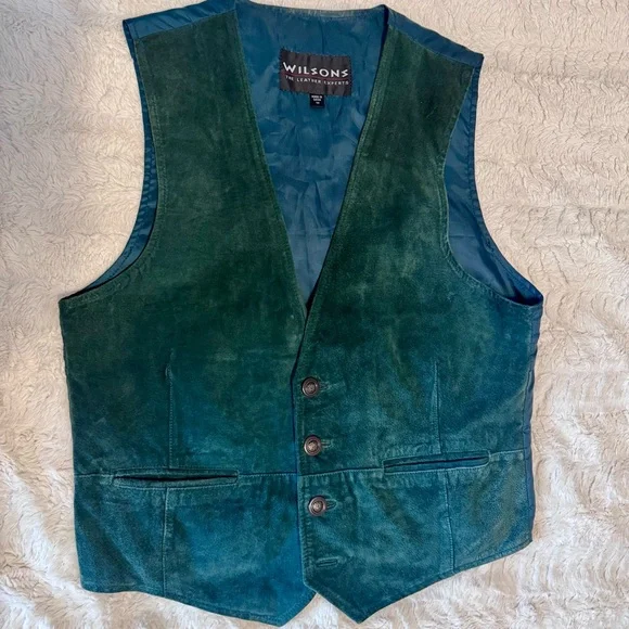 Vintage 80s Wilsons Green Suede Vest Leather Western Rockabilly Tailored medium - Picture 1 of 6